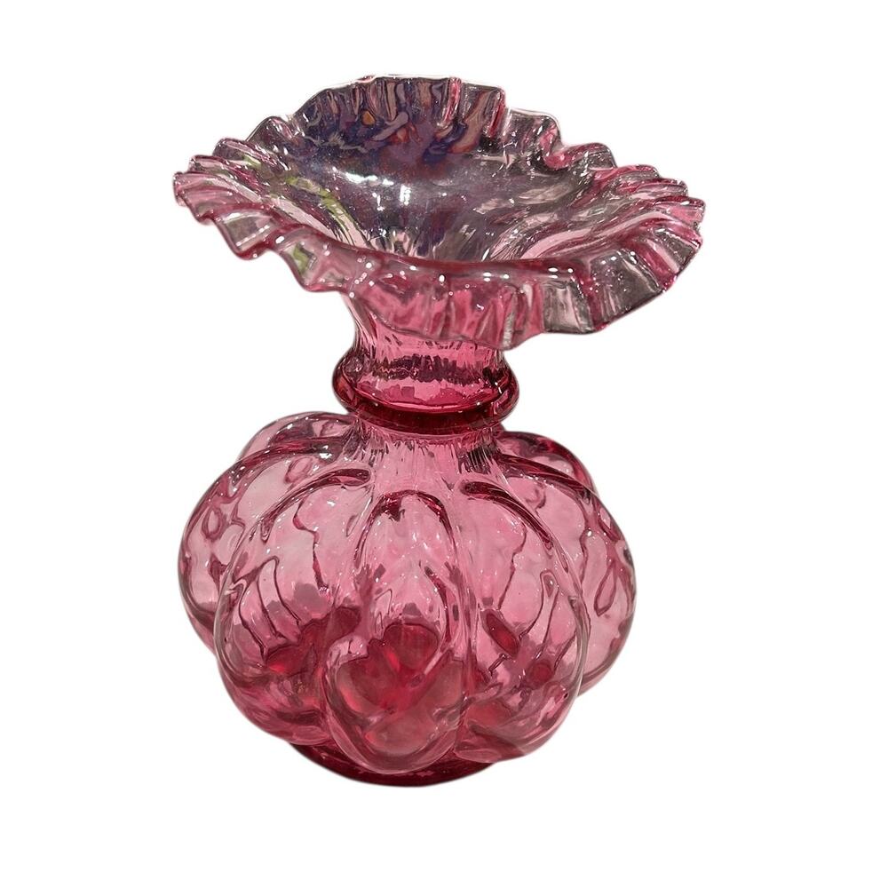 Vintage Fenton Cranberry Glass Optic Melon Vase Ruffled Edge 5 3/4" Unmarked EUC